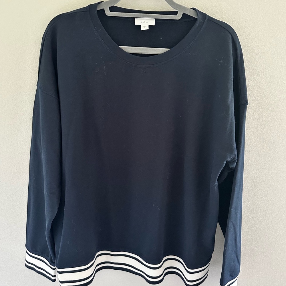 J. Jill Fit navy blue and White Crewneck Sweater with Striped Hem